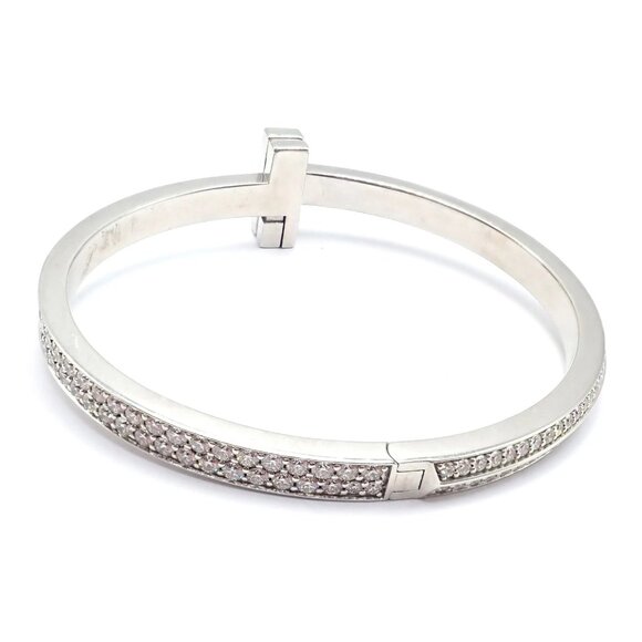 Authentic! Tiffany & Co 18k White Gold Diamond T1 Wide Hinged Bangle Bracelet - Picture 6 of 13